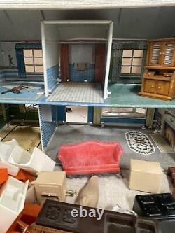 Vintage 70s MARX TOYS Doll House Tin Litho Red White Two Lvl With 50+ Furniture BH