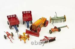 Vintage Antique 1930s Marx Tin Litho Wind Up Farm Tractor with Seven Implements