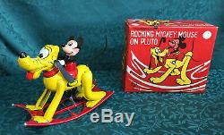 Vintage Disney LINEMAR ROCKING MICKEY MOUSE ON PLUTO Tin WindUp Orig Box