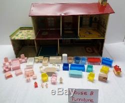 Vintage Disney Marx Doll House & Furniture 2 Stories & Box Tin Toy Metal #B
