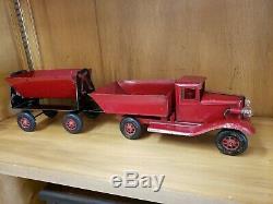 Vintage Girard Marx Pressed Steel Toy Dump Truck With Trailer Tin Toy Lot