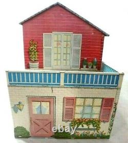 Vintage HTF Large Tin Metal Litho Marx Two Story MCM Dollhouse Miniature House