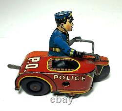 Vintage LEWIS MARX Tin Litho Windup P. D. Police Motorcycle & Side Car