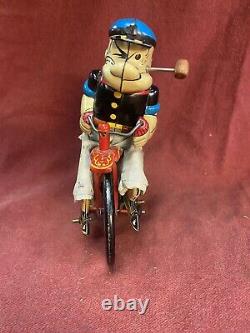Vintage Line Mar Marx Popeye Cyclist Mechanical Tin Litho Windup