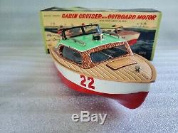 Vintage Linemar Marx Cabin Cruiser With Outboard Motor Tin Litho Toy Motor Boat