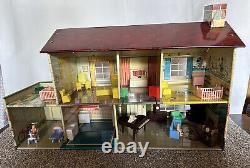 Vintage Louis Marx Toys Tin Litho 2-Story Dollhouse Furnished 1950's