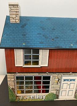 Vintage Louis Marx Toys Tin Lithograph 2 Story Dollhouse With Furniture