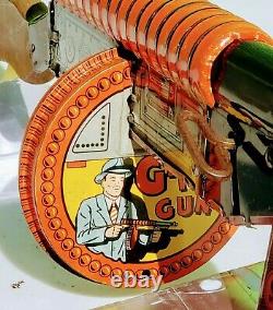 Vintage MARX G-MAN GUN Tin Litho Wind Up (100% tested & sparks)