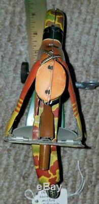 Vintage MARX TIN LITHO WIND UP CAMOUFLAGE MILITARY SPARKLING SOLDIER MOTORCYCLE