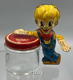 Vintage MARX TOYS Tin Litho Mechanical Coin BUDDY BANK Glass CANDY CONTAINER