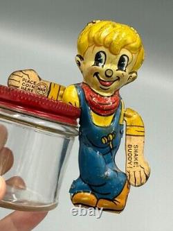 Vintage MARX TOYS Tin Litho Mechanical Coin BUDDY BANK Glass CANDY CONTAINER
