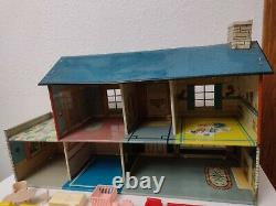 Vintage MARX Tin Metal Litho Colonial Two Story Doll House w Furniture 1960s