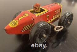 Vintage MARX Toys Wind-Up Midget Boat Tail Race Car #7 Tin Litho with Driver
