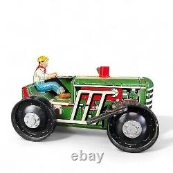 Vintage MARX Tractor Tin Plate Green Lithograph 1950s Wind Up With Key