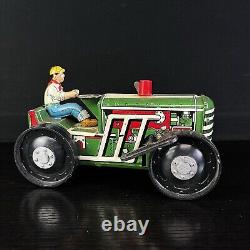 Vintage MARX Tractor Tin Plate Green Lithograph 1950s Wind Up With Key