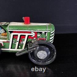 Vintage MARX Tractor Tin Plate Green Lithograph 1950s Wind Up With Key