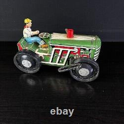 Vintage MARX Tractor Tin Plate Green Lithograph 1950s Wind Up With Key