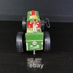 Vintage MARX Tractor Tin Plate Green Lithograph 1950s Wind Up With Key