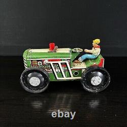 Vintage MARX Tractor Tin Plate Green Lithograph 1950s Wind Up With Key