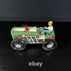 Vintage MARX Tractor Tin Plate Green Lithograph 1950s Wind Up With Key