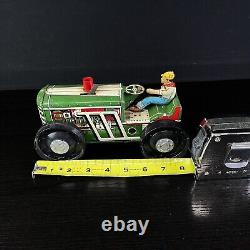 Vintage MARX Tractor Tin Plate Green Lithograph 1950s Wind Up With Key