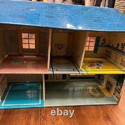 Vintage Marx 1950/60s Tin Metal 2 Story Colonial Dollhouse Lithograph Toy Patio