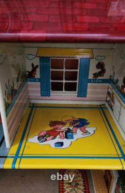 Vintage Marx 50s 60s Tin Metal 2 Story Colonial Dollhouse Toy Patio withFurniture