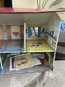 Vintage Marx Doll House 2 Tin Litho Metal 2 Story Breezeway Furniture Included