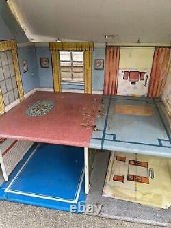 Vintage Marx Doll House 2 Tin Litho Metal 2 Story Breezeway Furniture Included