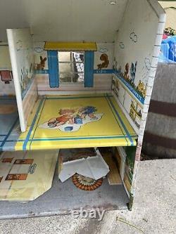 Vintage Marx Doll House 2 Tin Litho Metal 2 Story Breezeway Furniture Included