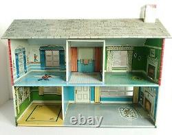 Vintage Marx Dollhouse Tin Metal Litho Two Story with Furniture