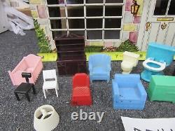 Vintage Marx Dollhouse with Furniture metal Two Story house tin litho bed toilet