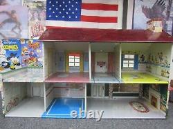 Vintage Marx Dollhouse with Furniture metal Two Story house tin litho bed toilet