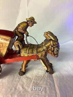 Vintage Marx Donkey Cart Wind-Up Toy Tin Two Donkey Team Weak Spring Rare