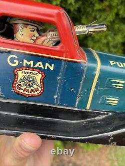 Vintage Marx G Man Pursuit Car Tin Toy Wind Up Rare Black Fenders Very Nice