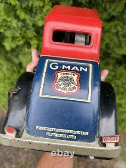 Vintage Marx G Man Pursuit Car Tin Toy Wind Up Rare Black Fenders Very Nice