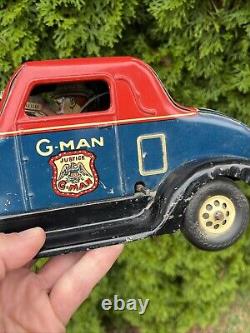 Vintage Marx G Man Pursuit Car Tin Toy Wind Up Rare Black Fenders Very Nice