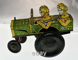 Vintage Marx Jumpin' Jeep 1940's Wind Up Toy Tin Litho Military Vehicle Working