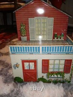 Vintage Marx Large Pressed Tin Litho Red Colonial Dollhouse