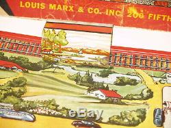 Vintage Marx Mechanical Miniature train set tin litho board and box