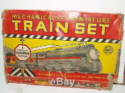 Vintage Marx Mechanical Miniature train set tin litho board and box
