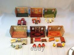 Vintage Marx Newlywed Tin Dollhouse Toy Rooms Set Of 6 With Furniture