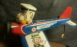Vintage Marx Popeye The Pilot 1940s 7 Tin Windup Toy Plane Motor works
