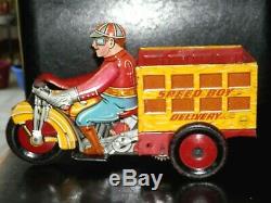 Vintage Marx Speed Boy Delivery Motorcycle Tin Windup ToyWORKINGVERY NICE