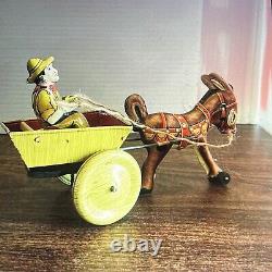 Vintage Marx Tin Donkey, Cart & Driver. Wind Up Toy. Works