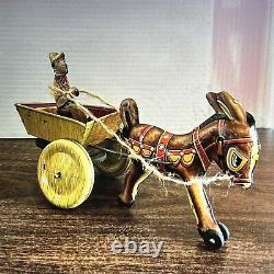 Vintage Marx Tin Donkey, Cart & Driver. Wind Up Toy. Works