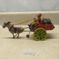 Vintage Marx Tin Hee Haw Mule, Driver+ Milk/Cream Containers, Wind Up Toy