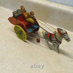 Vintage Marx Tin Hee Haw Mule, Driver+ Milk/Cream Containers, Wind Up Toy