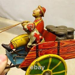 Vintage Marx Tin Hee Haw Mule, Driver+ Milk/Cream Containers, Wind Up Toy