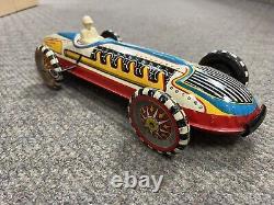 + Vintage Marx Tin Litho Boat Tail Racer with Driver 16 1/2 Long Working